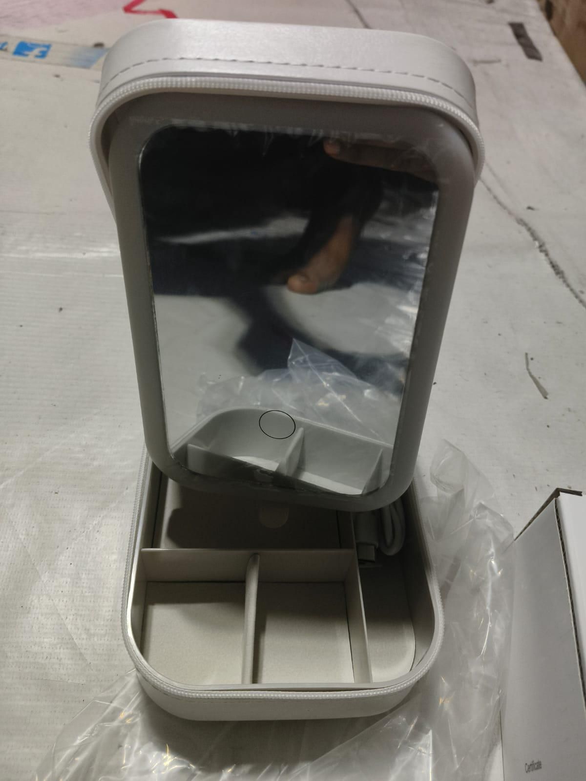 White Leather Jewelry/Makeup Box with LED Touch Screen Mirror.