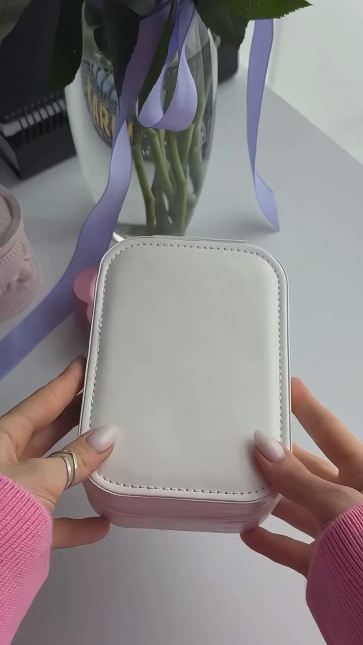 White Leather Jewelry/Makeup Box with LED Touch Screen Mirror.